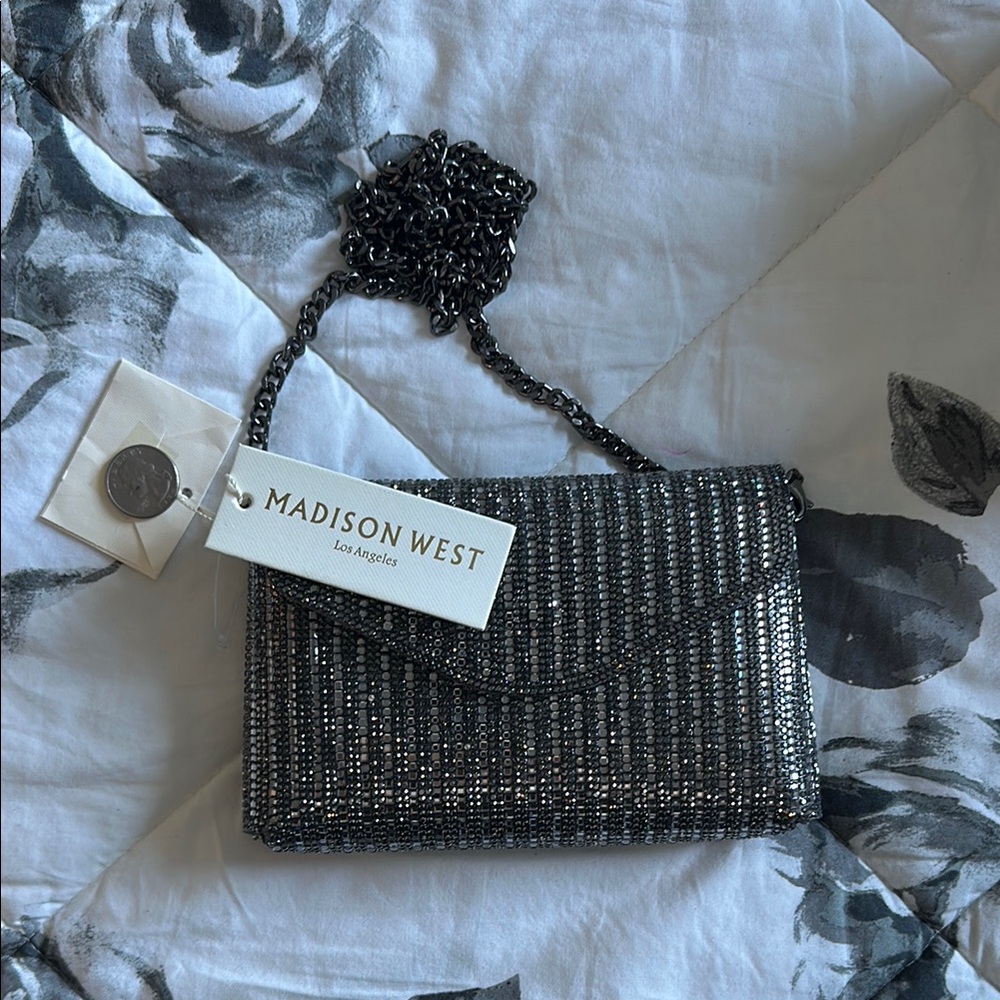 Madison West Silver Clutch with Chain Strap